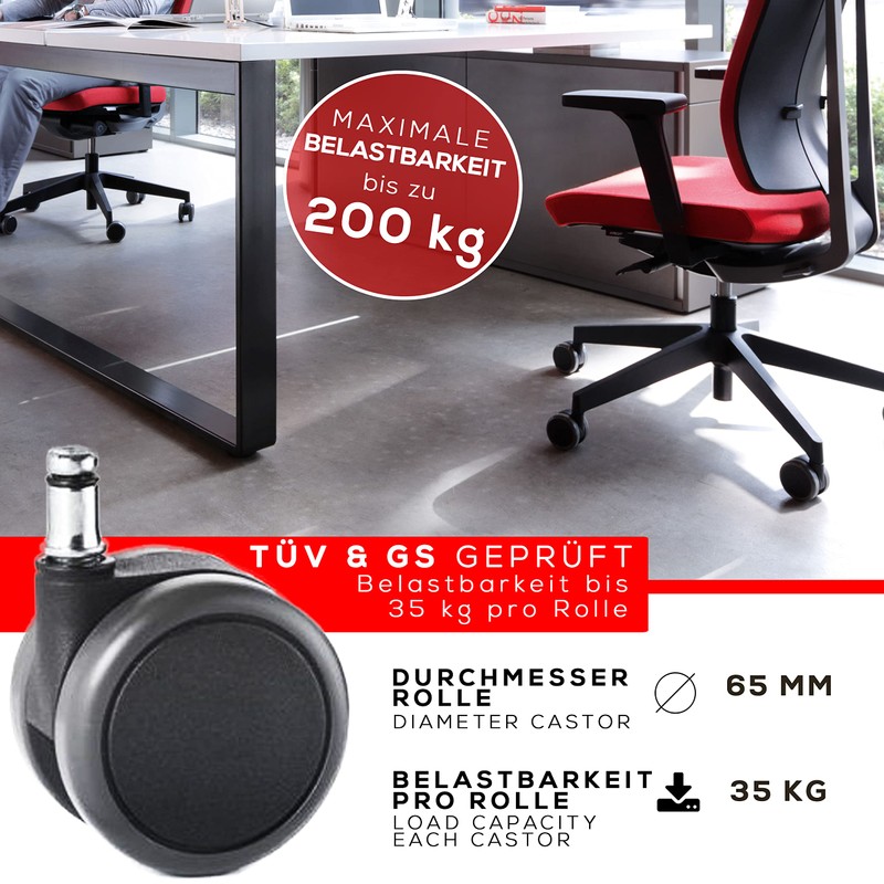 MYNEEED Office chair castors for hard floors, diameter 65 mm,
