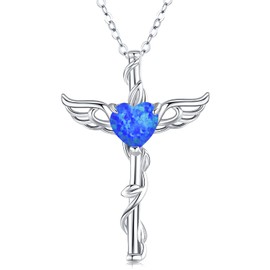 Midir&Etain Cross Necklace 925 Sterling Silver Angel Wings Cross Pendant Necklace Blue Opal Necklace Angel Jewellery Cross Gifts for Women