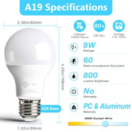 dalattin 12 Pack A19 LED Bulbs, 9W Equivalent 60 Watts, E26 Base, 5000K Daylight White, 800 LM, Efficient Energy Saving Lights for Living Room, Office, 80+ CRI, 120V, UL Listed