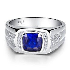 Yaresul Blue Sapphire Ring for Men Men's Silver Ring 925 Sterling Silver Mens Ring Princess Cut Mens Wedding Band September Birthstone Ring for Men Gift for Dad Mens Gemstone Ring Size 7