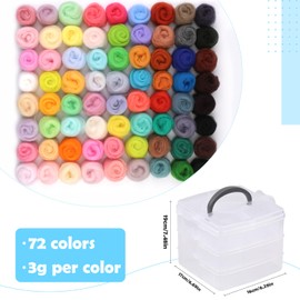 Wamkon Needle Felting Set, 72 Colours Wool Roving Yarn Natural Fibre Wool Needle Felting Wool Needle Felting Starter Set with 3-Layer Transparent Storage Box for Wet Felting DIY Creations