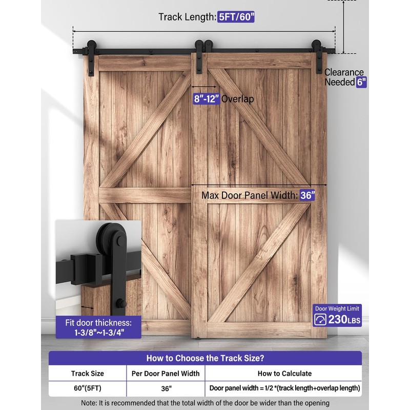 ZEKOO 5FT Single Track Bypass Sliding Barn Door Hardware Kit