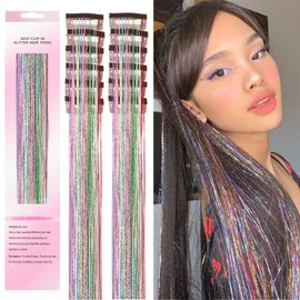 Colorful Tinsel Hair Extensions Hair Tinsel 12 Pcs Clip In Tinsel Hair 20 Inch Tinsel Hair Clip In Tinsel Hair Accessories For Girls Glitter Tinsel Hair Extensions For Party (12Pcs,Colorful#)