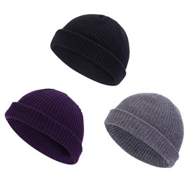 KYEDGC 3PCS Mens Beanie Hat, Wooly Hat for Men, Roll Up Fisherman Beanie, Unisex Soft & Stretchable Beanie Hat Men for Fishermen, Workers, Fashion Wear(Grey, Black and Purple)