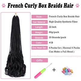 French Curl Crochet Braids 22 Inch 6 Packs Goddess Box Braids Crochet Hair Pre Looped French Curly Braiding Hair Crochet Box Braids With Curly Wavy Ends Synthetic Hair Extensions (#1B)