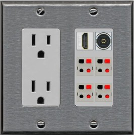 RiteAV 4 Speaker 1 Toslink-Optical HDMI Wall Plate - Outlet [Stainless/Gray]