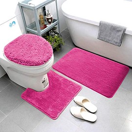 Smart Linen 3 Piece Bathroom Rug Set Includes Bath Rug, Contour Mat and Toilet Lid Cover, Machine Washable, Super Soft Microfiber & Non Slip Bath Rugs with Rubber Backing Solid (Hot Pink)