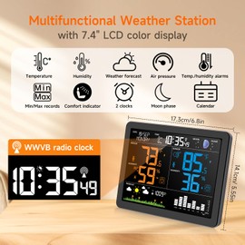 Uzoli EM3566 Weather Station Wireless Indoor Outdoor, 7.4“ Large Weather Station with Atomic Clock, Indoor Outdoor Temperature Humidity, Weather Forecast, Alarms with Snooze, Easy to Read