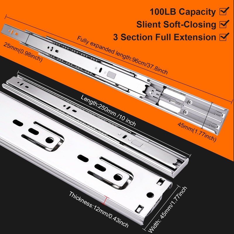 10 inch Drawer Slides 4 Pairs (8pcs) Soft Close 3
