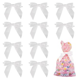 50 Pcs Twist Tie Bows Satin Ribbon Bows 3.5 inch DIY Twist Bow for Wedding Brithday Christmas Party Treat Bags Gift Wrapping Decoration (White)
