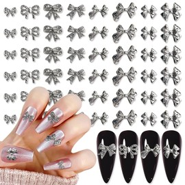 DANNEASY 80pcs 3D Bow Nail Charms: Alloy Silver Bowknot Charms and Rhinestones Crystal Jewels Flat-back Nail Studs Rivet for Crafts Decoration and Jewelry Supplies