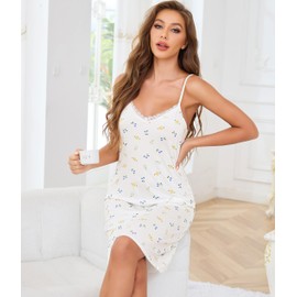 Vlazom Ladies Nighties Cotton Nightdress for Women Lace V-Neck Full Slips Cute Printed Nightwear Sleep Dress Cherry & Avocado Printed,M