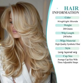 Golden Blonde Long Wavy Highlight Brown Layered Wig with Curtain Bangs for Black Women,Synthetic Light Brown Layered Wig Long Wavy Blonde Shaggy for Women 24inch(27H613)