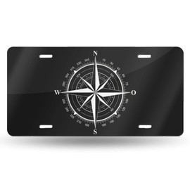 Black and White Compass Rose Aluminum Plate Decorative for Car Novelty Car Sign Vanity Tag 6×12 Inch - 4 Holes
