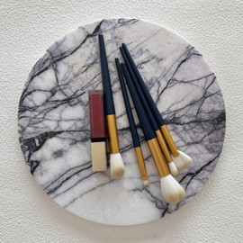 StonePlus Natural Round Marble Tray Glossy Pastry Board for Dessert, Cheese, Coffee, Smooth on Both Sides (Black Purple)