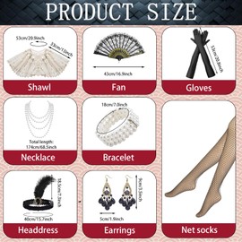 1920s Flapper Accessories Set, 8PCS Sequin Shawl Wraps Headband Pearl Earrings Necklace Gloves for Women (Style C, One Size)