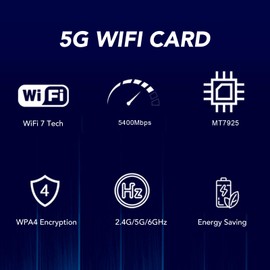 WIFI7 PCIe Card, MT7925 Pro 5400Mbps PCIEx1 Network Card Adapter with 8DB Antenna, 2.4G 5G 6G Tri Band Bluetooth 5.3 Adapter, 802.11A B G N AC AX BE