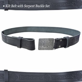 Leather Kilt Belt and Buckle Set - Scottish Celtic Diamond Embossed Leather Belt Celtic Knot Serpent Buckle, Perfect Kilt Belts for Men (Celtic Knot - Serpent, Silver - Antique, Large, 38-42 Inch)