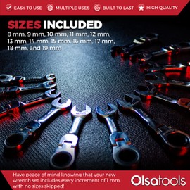 Olsa Tools Stubby Ratcheting Wrench Set - 12 Pc Metric Flex Head - 6-Point Box End - 120-Tooth - Works on Rounded or Stripped Bolts - Compact Professional Spanners - Part 1358