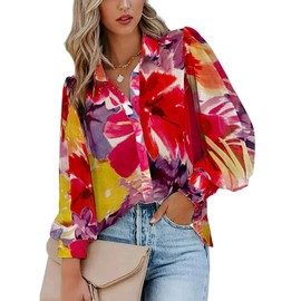 Zeagoo Womens Shirts Long Sleeve Red Flower Print Blouse for Woman Button up Tops 2024 Fashion Small