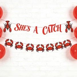 "She's a Catch" - Red Lobster Bachelorette Party Banner for Women, Coastal Bridal Celebrations, East Coast Bach Weekend Engagement (6ft Banner with Hanging Rope)