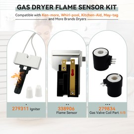 Gas Dryer Repair Kit, Includes 338906 Dryer Flame Sensor, 279311 Flat Igniter & 279834 Gas Valve Solenoid Coils, Fit for Kenmore Whirlpool Maytag, Replaces WP338906 AP3094138 PS334310 12001349