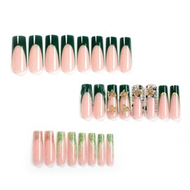 SINHOT Square Press on Nails Long - 3D Gold Butterfly Fake Nails Glossy Glue on Nails Green French Tip Acrylic Nails Rhinestones Squoval Artificial Nails Stick on False Nails with Design 24pcs