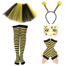 Bee Costume Set Bee Costume Children's Bee Costume Children with Bees Tulle Skirt Headband Bee Striped Overknee Stockings Long Gloves Face Tattoo Bee Carnival Bee Costume (Children)