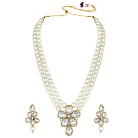 Aheli Crystal Pearl White Long Collar con pendientes de caída Conjunto de joyas étnicas tradicionales indias de Bollywood para niñas