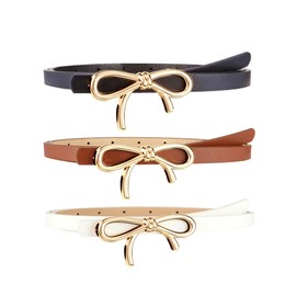 Ayliss 3 Pack Gold Bow Skinny Belt Womens Leather Belt Thin PU Leather Waist Belts Fashion Dress Belt For Jeans Pants (Black+White+Khaki)
