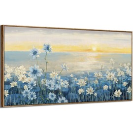 Wall Art for Living Room- Large Framed Bedroom Wall Art, Modern Beach Coastal Ocean Nature Blue Artwork Floral Sunrise/Sunset Zen Landscape Canvas Wall Picture for Office Décor 48x24
