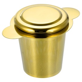 sourcing map 1 Pcs Tea Infuser Filter with Lid, Fine Mesh Loose Tea Steeper, Stainless Steel Tea Strainer with Handle for Brew Loose Leaf Tea, Gold