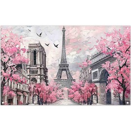Luminora Oil Painting Paris Eiffel Tower Photography Background Spring Pink Cherry Sakura Flowers European City Street Background Party Decoration Photo Booth Banner