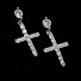 Tsv Jewelers Men's Hanging Huggie Dangle Hoop Cross Sterling Silver Round Cz Stud Earrings