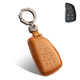 QBUC for Chevy Genuine Leather Key Fob Cover, Smart Key Holder Sleeve Fit for Chevy 2025 2024-2021 Tahoe Suburban GMC Yukon GM Buick, Silverado Sierra 2500HD 3500HD (Brown, 5 Buttons)