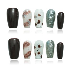 Tesytto Handmade 3D Medium Coffin Press on Nails - White Sliver Glitter & Matte Amber Acrylic Nails for Autumn Winter, Party & Vacation (Autumn-Winter Amber,M)