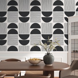 VEELIKE Black and White Modern Mid Century Wallpaper Peel and Stick Abstract Geometric Wallpaper for Bedroom Bathroom 17.7''x118'' Removable Prepasted Art Deco Wallpaper Geometric Contact Paper