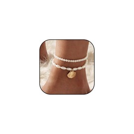 Pearl Ankle Bracelets for Women Silver Anklet Summer Beachy Cute Dainty Jewelry Gift (Pearl Shell)