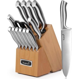 Kuisine Premium 15-Piece Acacia Wood Block Chef Knife Set Stainless Steel Handle Kitchen Knife & Scissors Set Built-In Sharpenercolor: Acacia Wood