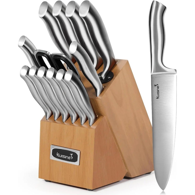 Kuisine Premium 15-Piece Acacia Wood Block Chef Knife Set Stainless