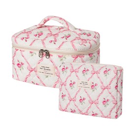 uekeboag 2 Pcs Large Quilted Makeup Bag, Cotton Quilted Toiletry Bag for Women,Floral Coquette Makeup Bag,Cute Kawaii Travel Cosmetic Bags(2Pcs Pink Bows)