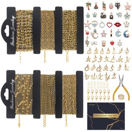 Ecoofor 14K Gold Necklace Chain Kit for Jewelry Making, 20 Feet 6 Rolls DIY Bracelet Chains with Jump Rings, Lobster Clasps, Connectors, Jewelry Pliers, 30 Colorful Graphic Charms & 24 Letter Pendants