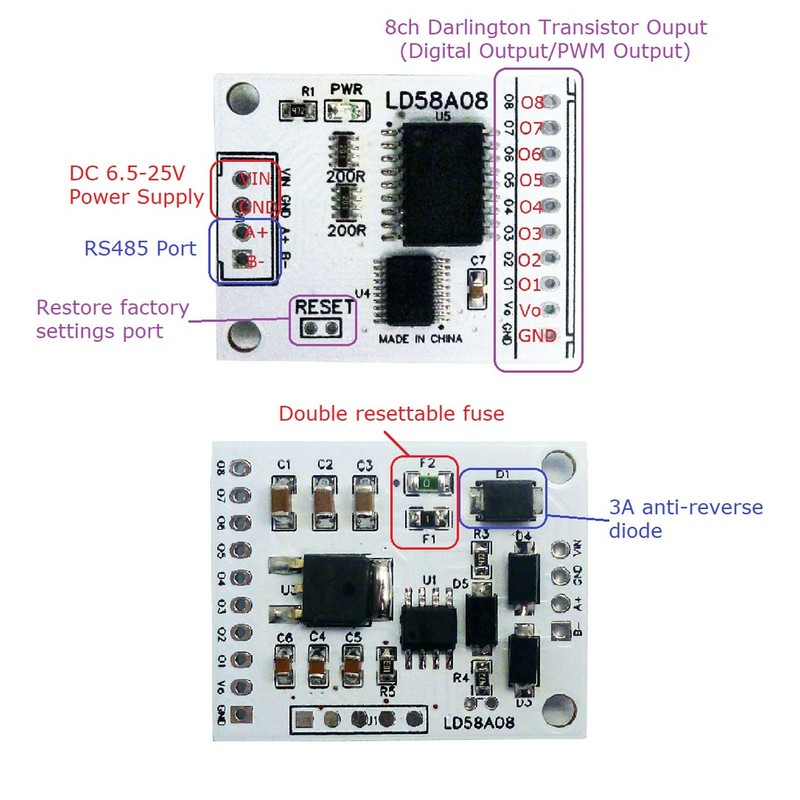 8 Channel RS485 to PWM Output Transistor Driver Module Multifunctional