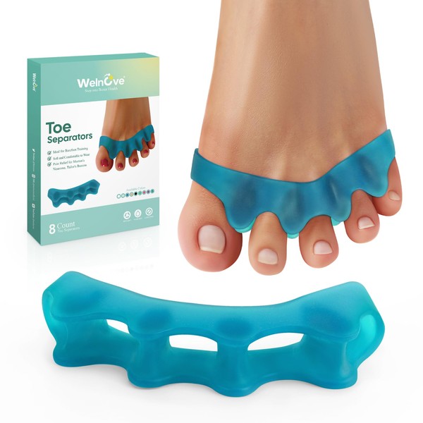 Welnove 8 Pack Toe Separators, Bunion Corrector for Women/Men, Toe Spacers, Foot Alignment - Dividers to Correct Bunions, Hammertoes, Relief Restore Feet (Blue)