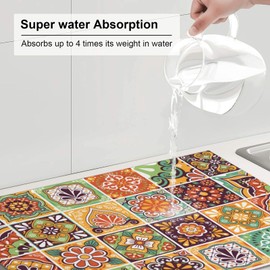 Mexican Tiles Colorful Dish Drying Mat For Kitchen Counter, Boho Ultra Absorbent Microfiber Dish Drying Pad for Coffee Countertop Decor Large 18"x24"