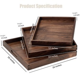 MAGIGO Set of 3 Large Square Solid Black Walnut Wood Ottoman Tray with Handles, Serve Tea, Coffee, Classic Wooden Decorative Serving Tray, 16+14+12