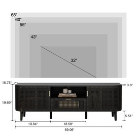 ORRD TV Stand for TVs Up to 65 Inch, Boho Wood Television Stands Media Entertainment Center Console Table with Curved Iron Rattan Doors and Drawer for Living Room - Black