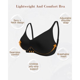 As Fairy Wireless Bras No Underwire Women Bras Mesh Breathable Push Up Comfort Bra Seamless V Neck Bra (Black,M)