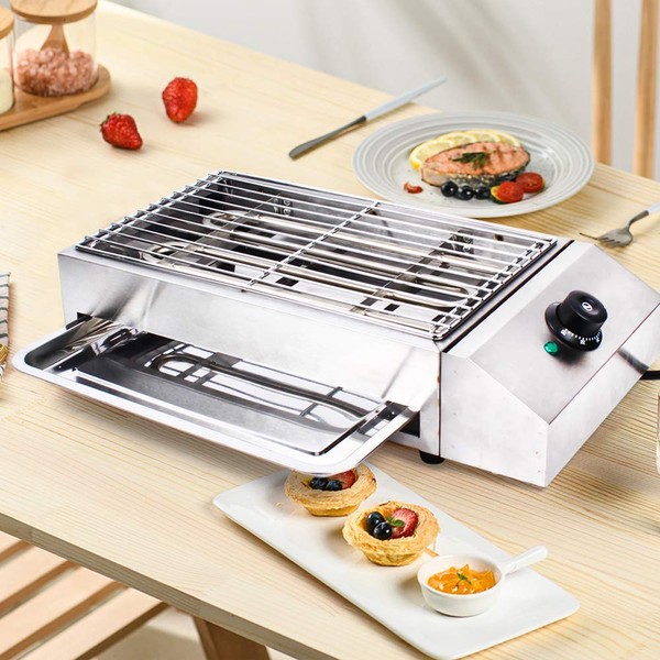 Commercial 1800W Electric Smokeless Barbecue Oven Grill for BBQ Equipment, with Adjustable Thermostatic Control 110V Stainless Steel Restaurant Grill,Grill Net Size 42.5x25.5cm