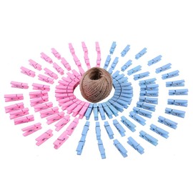 100 Pieces Gender Reveal Clothespins Baby Shower Clothes Pins Plastic Small Clips with Jute Twine for Party Favors, Blue and Pink